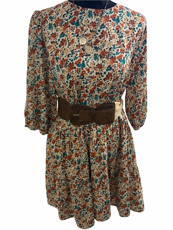 Pink Lily Dresses & Skirts - Pink Lily Cream Floral Dress with Rust and Teal Accents
